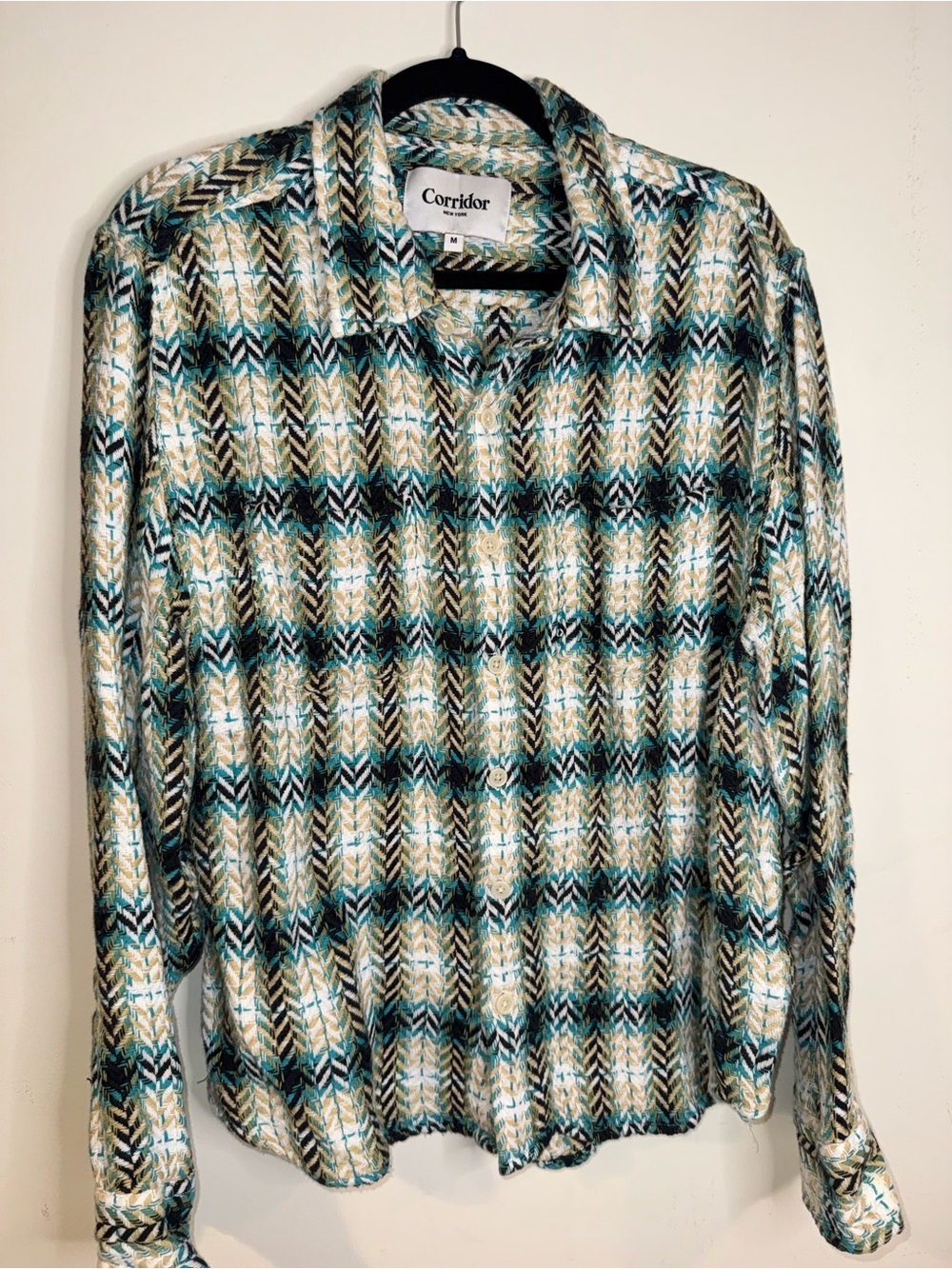 Corridor New York Men’s M Aqua Cream Herringbone Acid Plaid Shirt